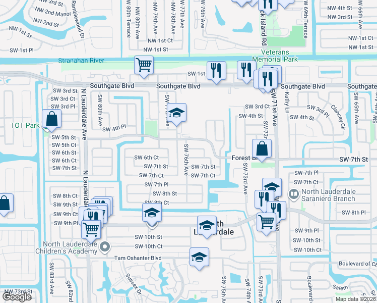 map of restaurants, bars, coffee shops, grocery stores, and more near 7520 Southwest 6th Street in North Lauderdale