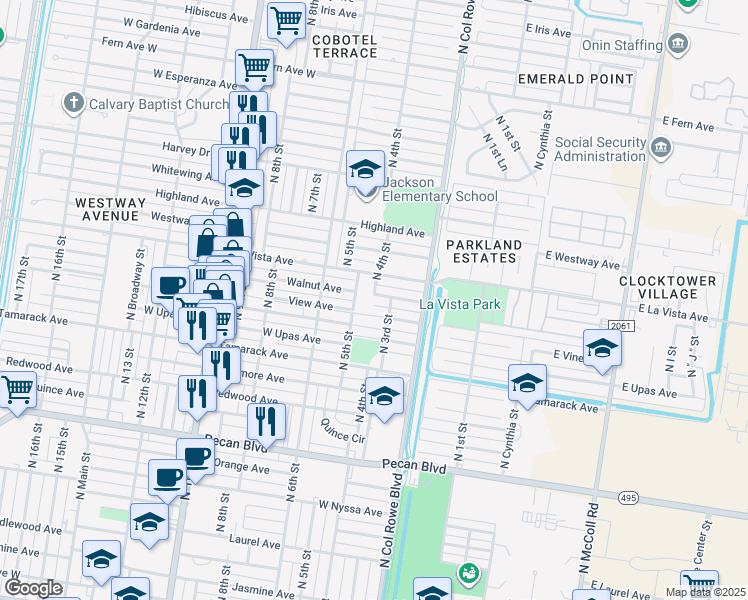 map of restaurants, bars, coffee shops, grocery stores, and more near 309 Walnut Avenue in McAllen