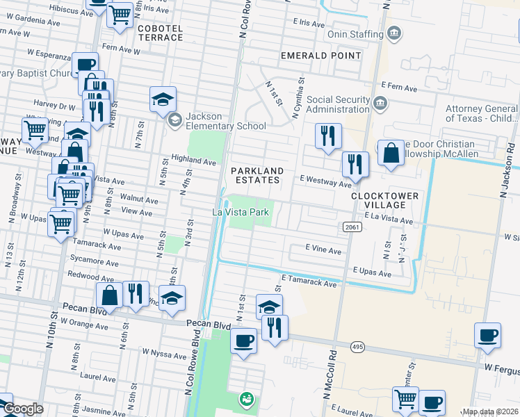 map of restaurants, bars, coffee shops, grocery stores, and more near 2317 North Peking Street in McAllen