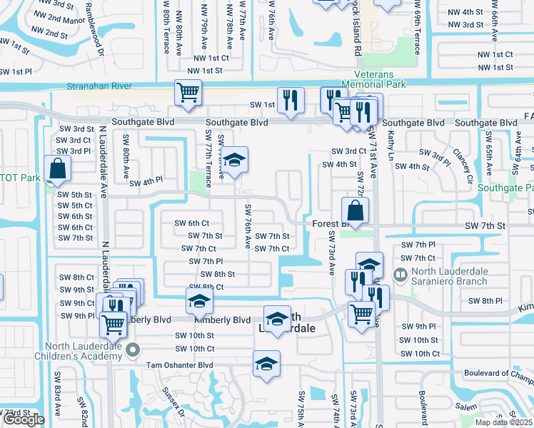 map of restaurants, bars, coffee shops, grocery stores, and more near 7520 Southwest 6th Street in North Lauderdale