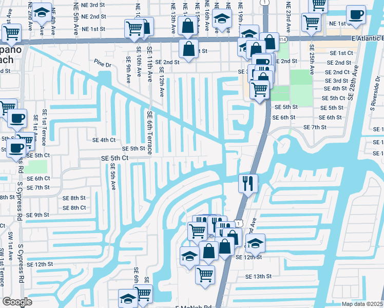 map of restaurants, bars, coffee shops, grocery stores, and more near 520 Southeast 9th Avenue in Pompano Beach