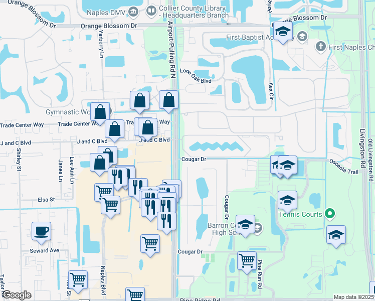 map of restaurants, bars, coffee shops, grocery stores, and more near 2764 Fountainview Circle in Naples
