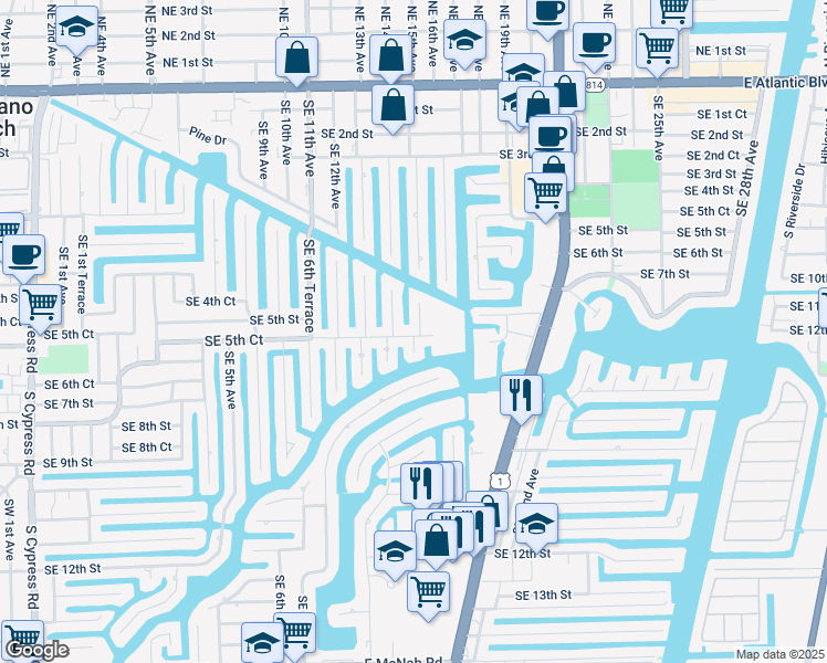 map of restaurants, bars, coffee shops, grocery stores, and more near 520 Southeast 9th Avenue in Pompano Beach