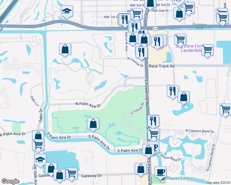 map of restaurants, bars, coffee shops, grocery stores, and more near 2850 North Palm Aire Drive in Pompano Beach