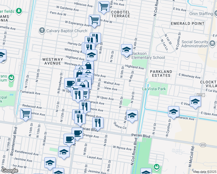 map of restaurants, bars, coffee shops, grocery stores, and more near 612 V-W Avenue in McAllen
