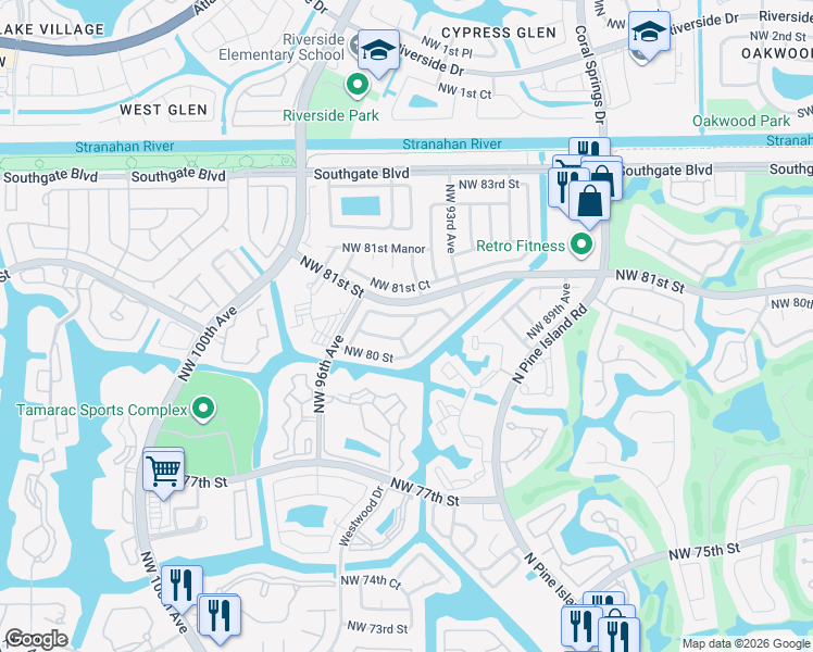 map of restaurants, bars, coffee shops, grocery stores, and more near 9502 Northwest 80th Court in Tamarac