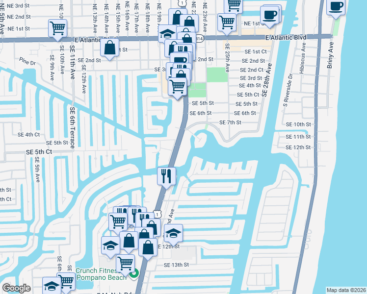 map of restaurants, bars, coffee shops, grocery stores, and more near 740 Federal Highway in Pompano Beach