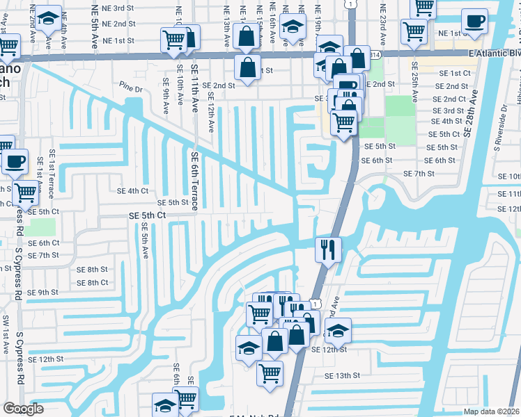 map of restaurants, bars, coffee shops, grocery stores, and more near 520 Southeast 9th Avenue in Pompano Beach