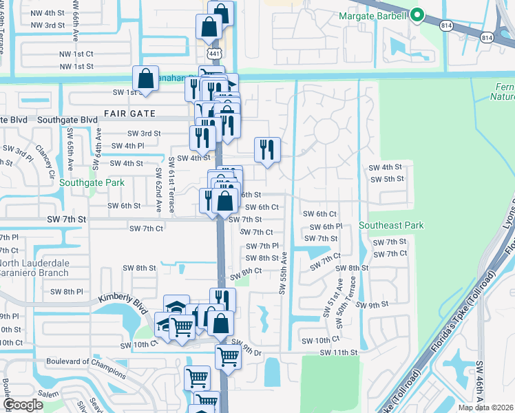 map of restaurants, bars, coffee shops, grocery stores, and more near 5542 Southwest 6th Court in Margate