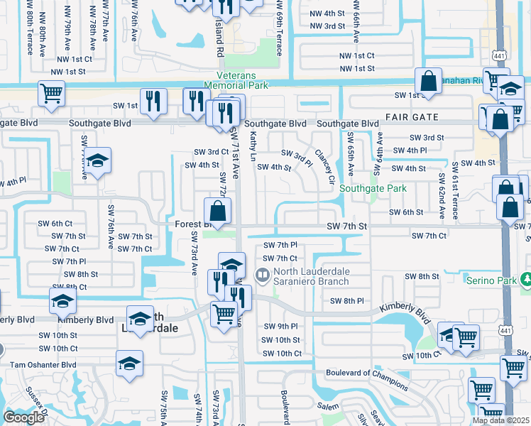 map of restaurants, bars, coffee shops, grocery stores, and more near 674 Kathy Court in Margate