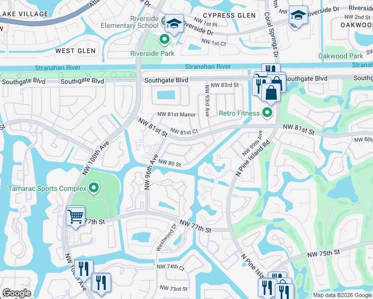 map of restaurants, bars, coffee shops, grocery stores, and more near 9502 Northwest 80th Court in Tamarac