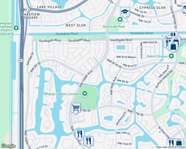 map of restaurants, bars, coffee shops, grocery stores, and more near 8000 North Nob Hill Road in Tamarac