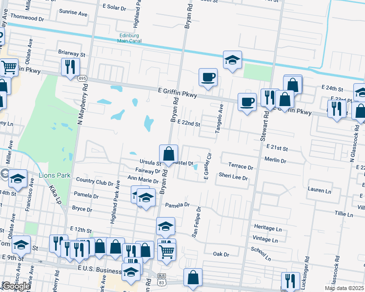 map of restaurants, bars, coffee shops, grocery stores, and more near 1716 East Gastel Circle in Mission