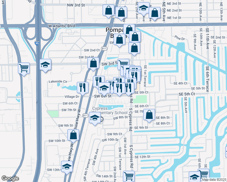 map of restaurants, bars, coffee shops, grocery stores, and more near 135 Southwest 6th Street in Pompano Beach