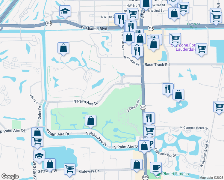 map of restaurants, bars, coffee shops, grocery stores, and more near 2850 North Palm Aire Drive in Pompano Beach
