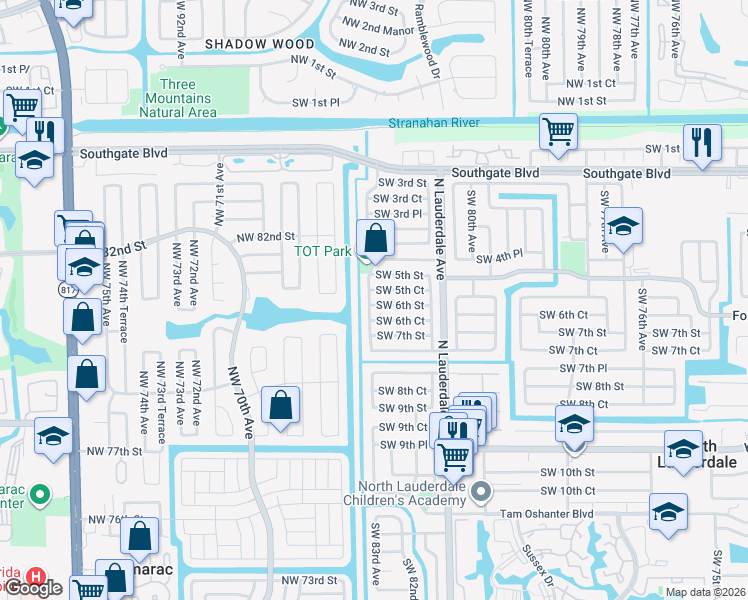 map of restaurants, bars, coffee shops, grocery stores, and more near 8250 Southwest 6th Street in North Lauderdale