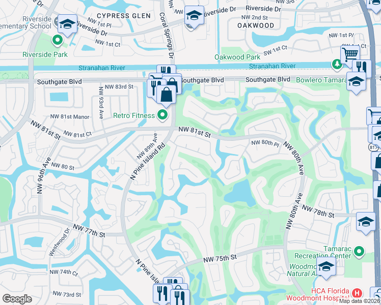 map of restaurants, bars, coffee shops, grocery stores, and more near 8540 Northwest 79th Street in Tamarac