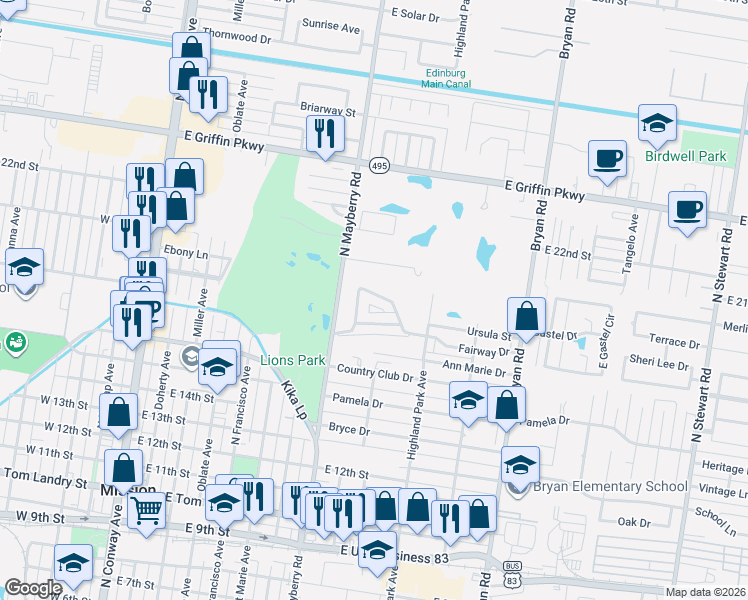 map of restaurants, bars, coffee shops, grocery stores, and more near 1823 Fairway Circle in Mission