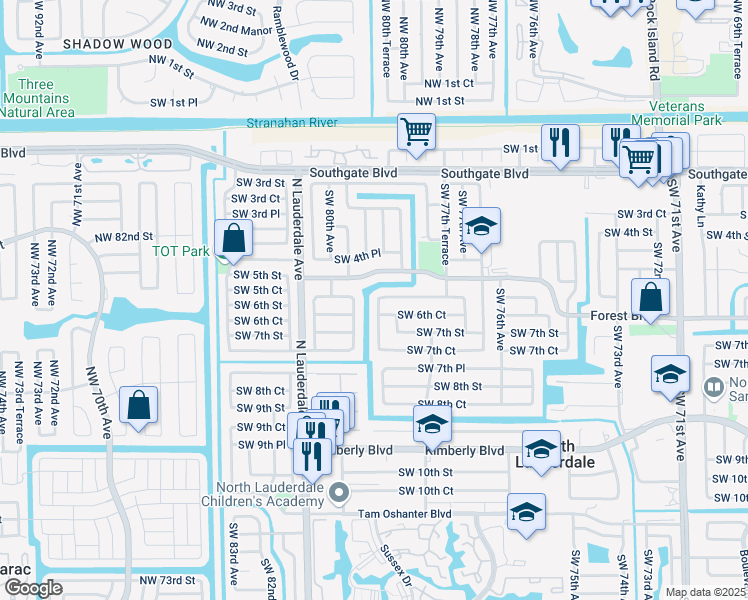 map of restaurants, bars, coffee shops, grocery stores, and more near 605 Southwest 79th Avenue in North Lauderdale