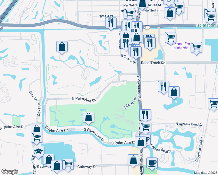 map of restaurants, bars, coffee shops, grocery stores, and more near 2850 North Palm Aire Drive in Pompano Beach