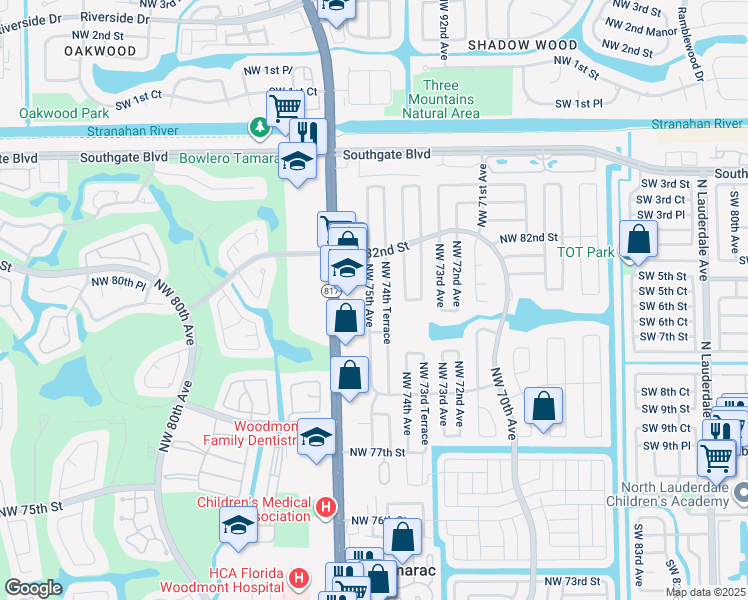 map of restaurants, bars, coffee shops, grocery stores, and more near 8017 Northwest 75th Avenue in Tamarac