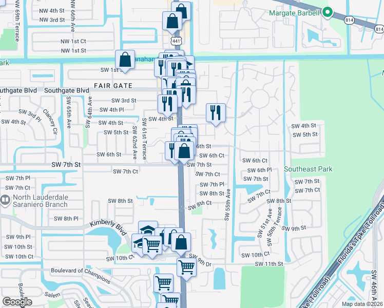 map of restaurants, bars, coffee shops, grocery stores, and more near 621 Southwest 56th Avenue in Margate