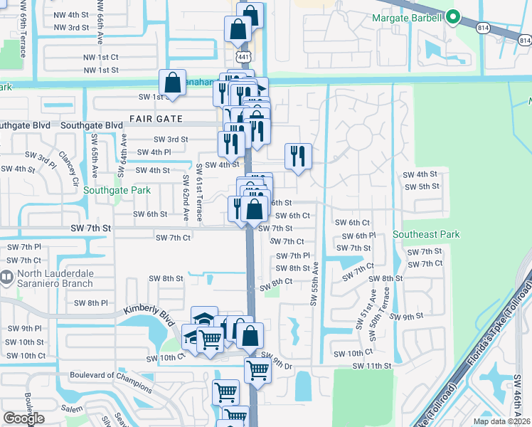map of restaurants, bars, coffee shops, grocery stores, and more near 621 Southwest 56th Avenue in Margate