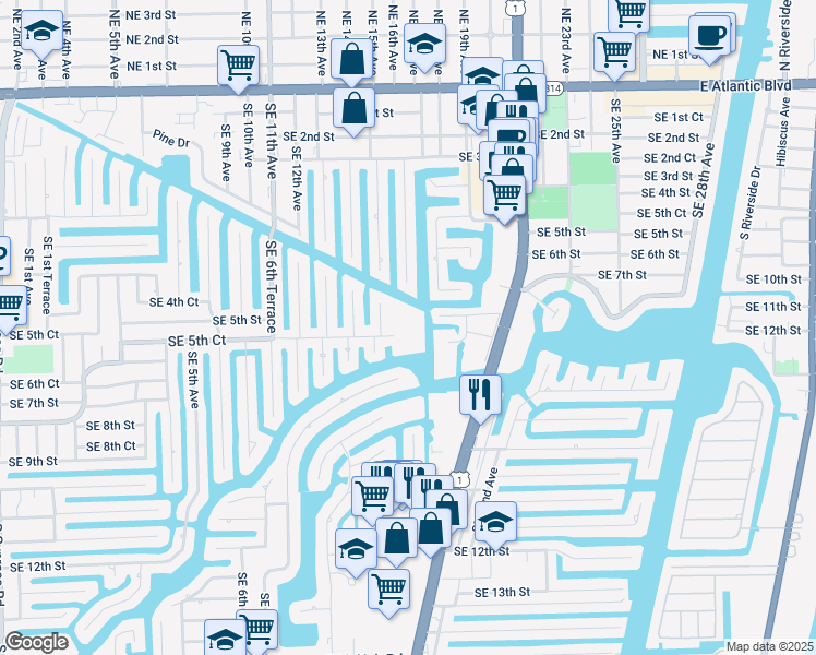 map of restaurants, bars, coffee shops, grocery stores, and more near 1100 Southeast 5th Court in Pompano Beach