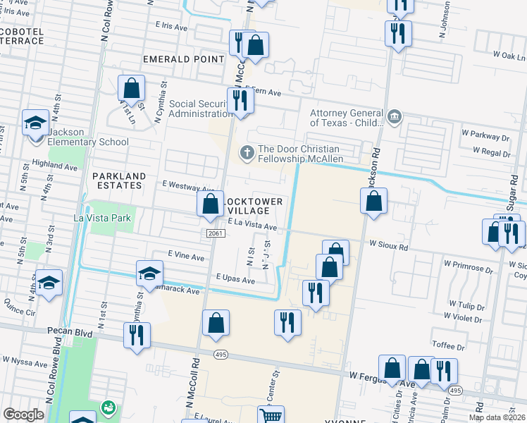 map of restaurants, bars, coffee shops, grocery stores, and more near 2408 North I Street in McAllen