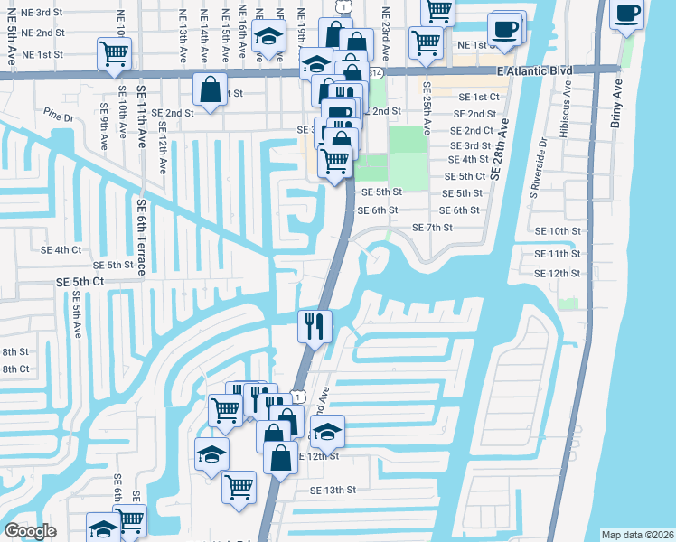 map of restaurants, bars, coffee shops, grocery stores, and more near 740 Federal Highway in Pompano Beach