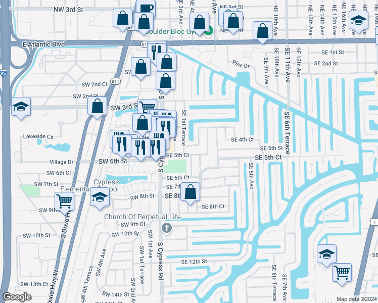map of restaurants, bars, coffee shops, grocery stores, and more near 150 Southeast 5th Court in Pompano Beach