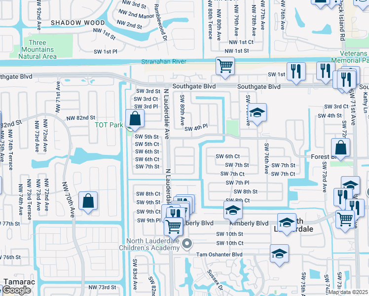 map of restaurants, bars, coffee shops, grocery stores, and more near 7956 Southwest 6th Street in North Lauderdale