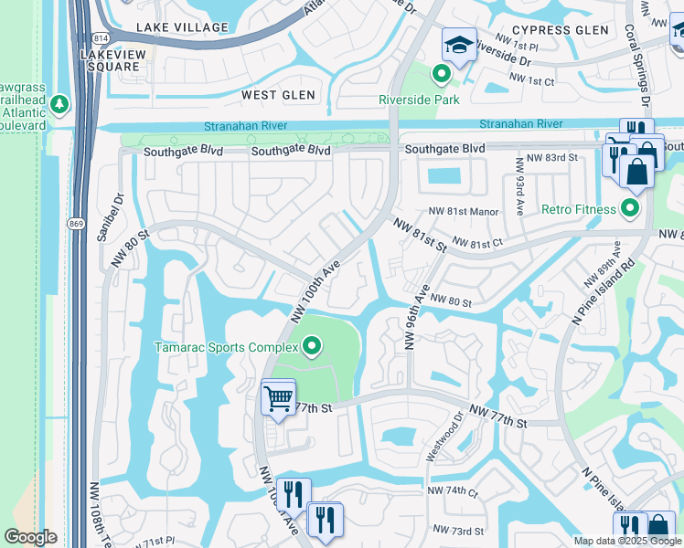 map of restaurants, bars, coffee shops, grocery stores, and more near 8000 North Nob Hill Road in Tamarac