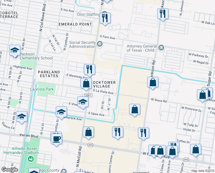 map of restaurants, bars, coffee shops, grocery stores, and more near 2404 North I Street in McAllen