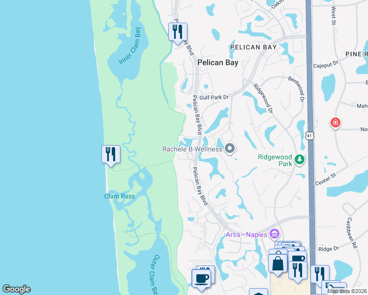 map of restaurants, bars, coffee shops, grocery stores, and more near 6131 Pelican Bay Boulevard in Naples