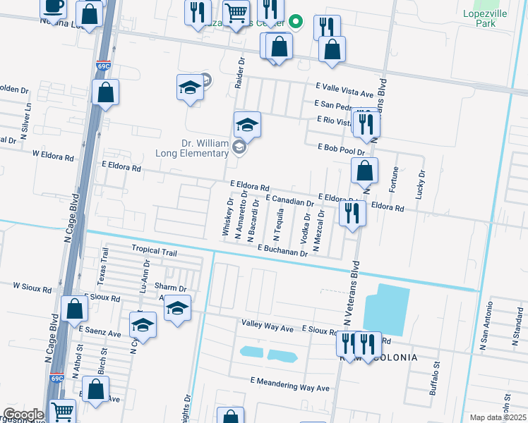 map of restaurants, bars, coffee shops, grocery stores, and more near 3503 North Bacardi Drive in Pharr