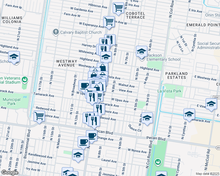 map of restaurants, bars, coffee shops, grocery stores, and more near 806 V-W Avenue in McAllen