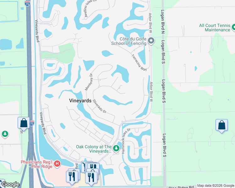 map of restaurants, bars, coffee shops, grocery stores, and more near 258 Silverado Drive in Naples