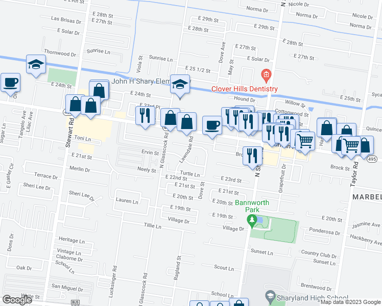 map of restaurants, bars, coffee shops, grocery stores, and more near 2216 Lawndale Road in Mission