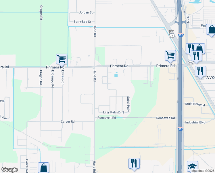 map of restaurants, bars, coffee shops, grocery stores, and more near 23096 Royal Palm in Harlingen