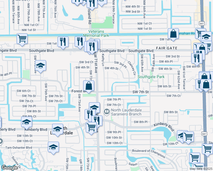 map of restaurants, bars, coffee shops, grocery stores, and more near 674 Kathy Court in Margate