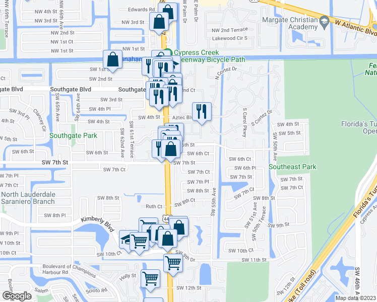 map of restaurants, bars, coffee shops, grocery stores, and more near 5561 Southwest 6th Court in Margate