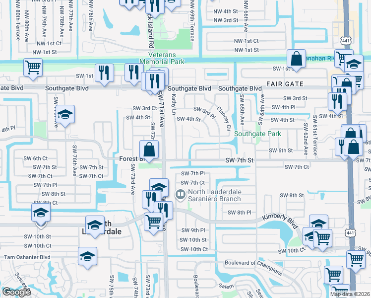 map of restaurants, bars, coffee shops, grocery stores, and more near 674 Kathy Court in Margate
