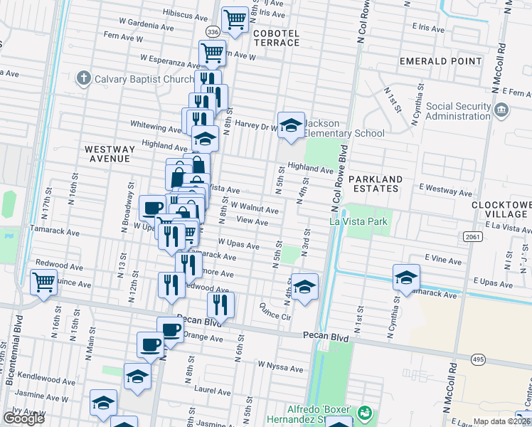 map of restaurants, bars, coffee shops, grocery stores, and more near 512 V-W Avenue in McAllen