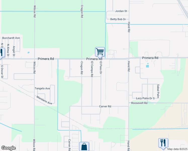 map of restaurants, bars, coffee shops, grocery stores, and more near 17627 El Rancho Drive in Harlingen