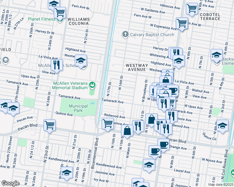 map of restaurants, bars, coffee shops, grocery stores, and more near 1600 Tamarack Avenue in McAllen