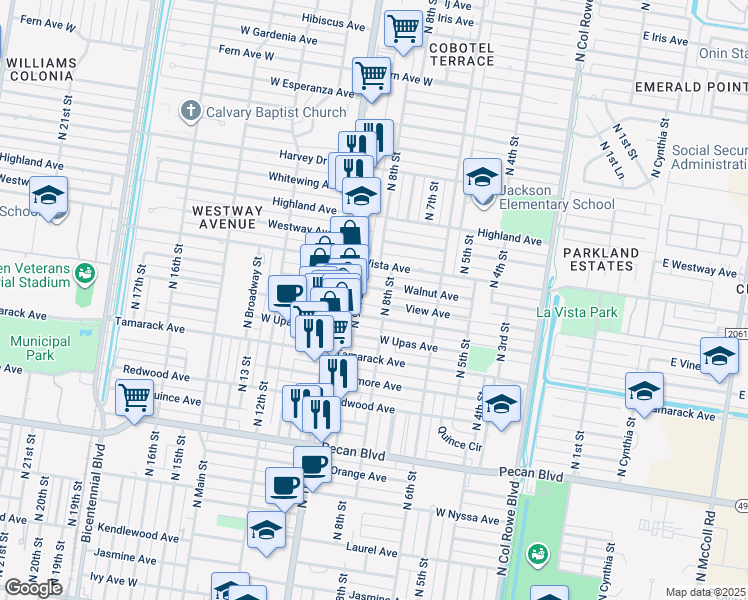 map of restaurants, bars, coffee shops, grocery stores, and more near 806 V-W Avenue in McAllen