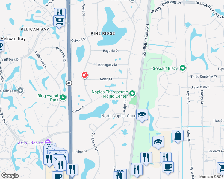 map of restaurants, bars, coffee shops, grocery stores, and more near 157 Center Street in Naples