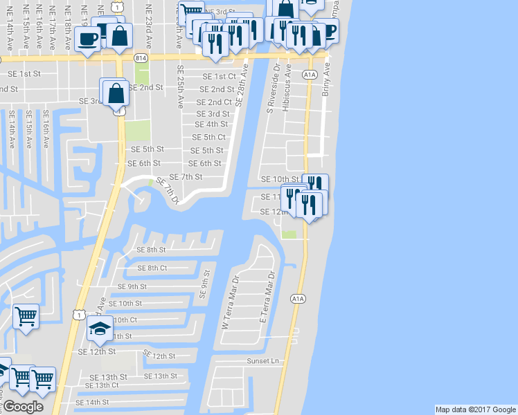 map of restaurants, bars, coffee shops, grocery stores, and more near 3208 Southeast 12th Street in Pompano Beach