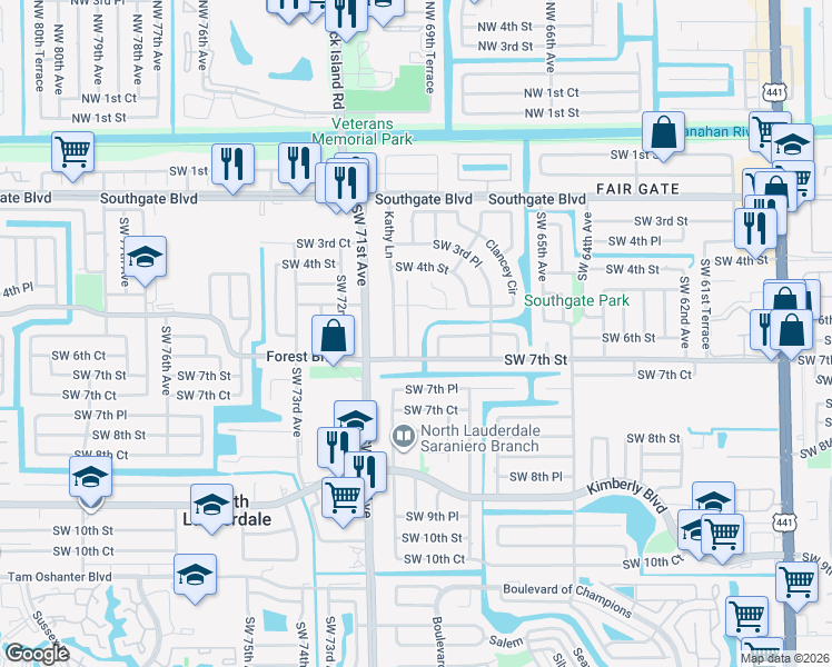 map of restaurants, bars, coffee shops, grocery stores, and more near 674 Kathy Court in Margate